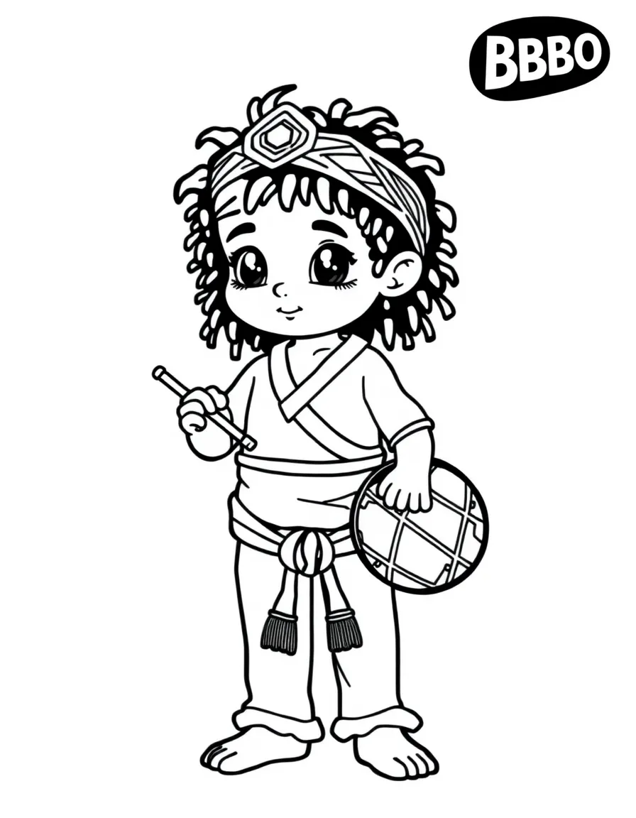 A Brazilian child in a simple capoeira uniform, with a berimbau.