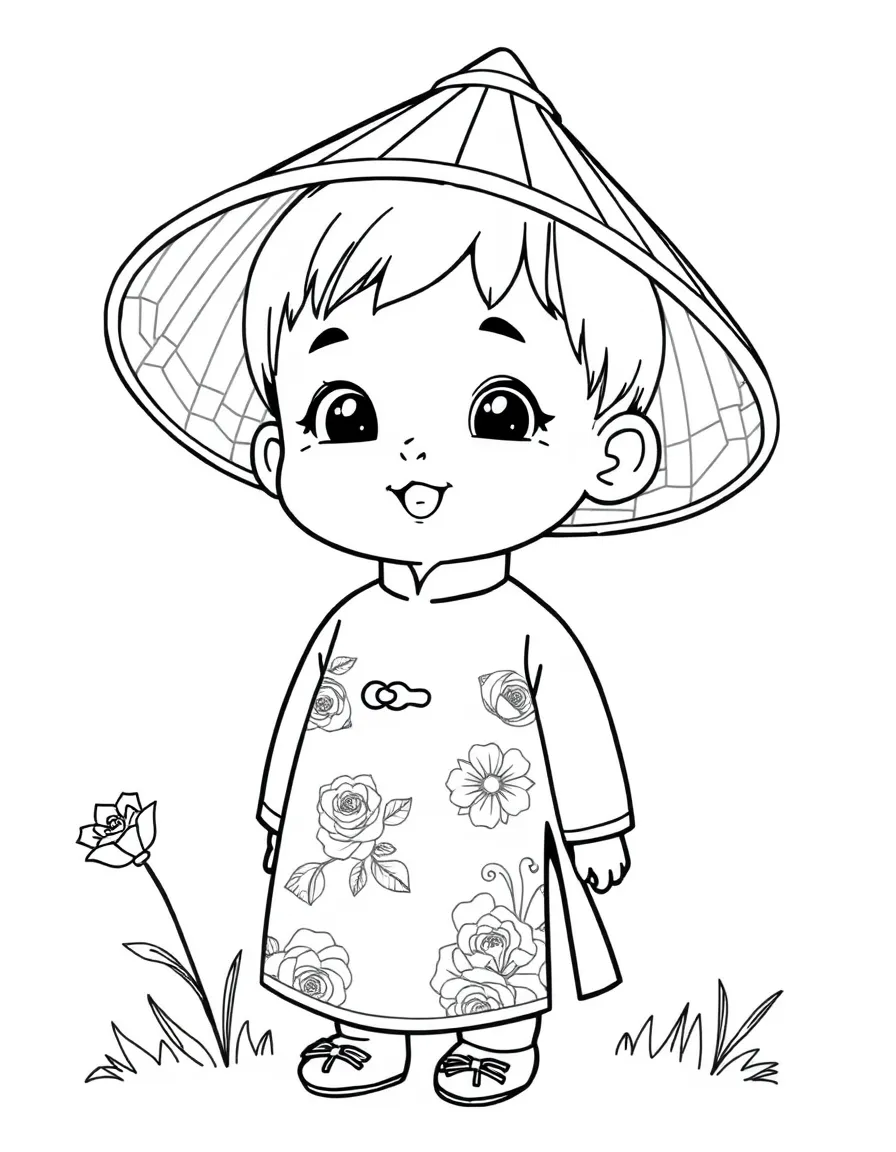 A Vietnamese child in an ao dai, with a non la (conical hat).