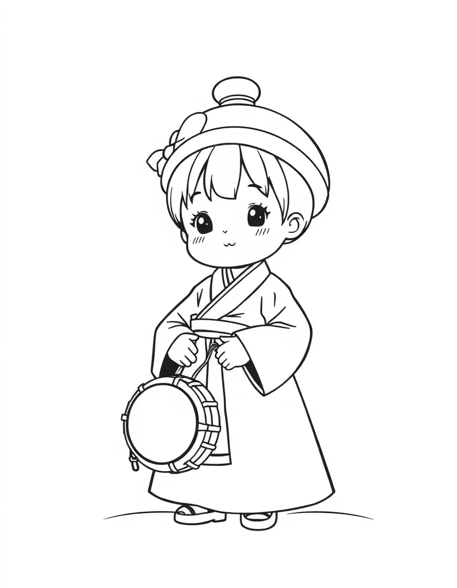 A Korean child in a hanbok, with a small traditional drum.