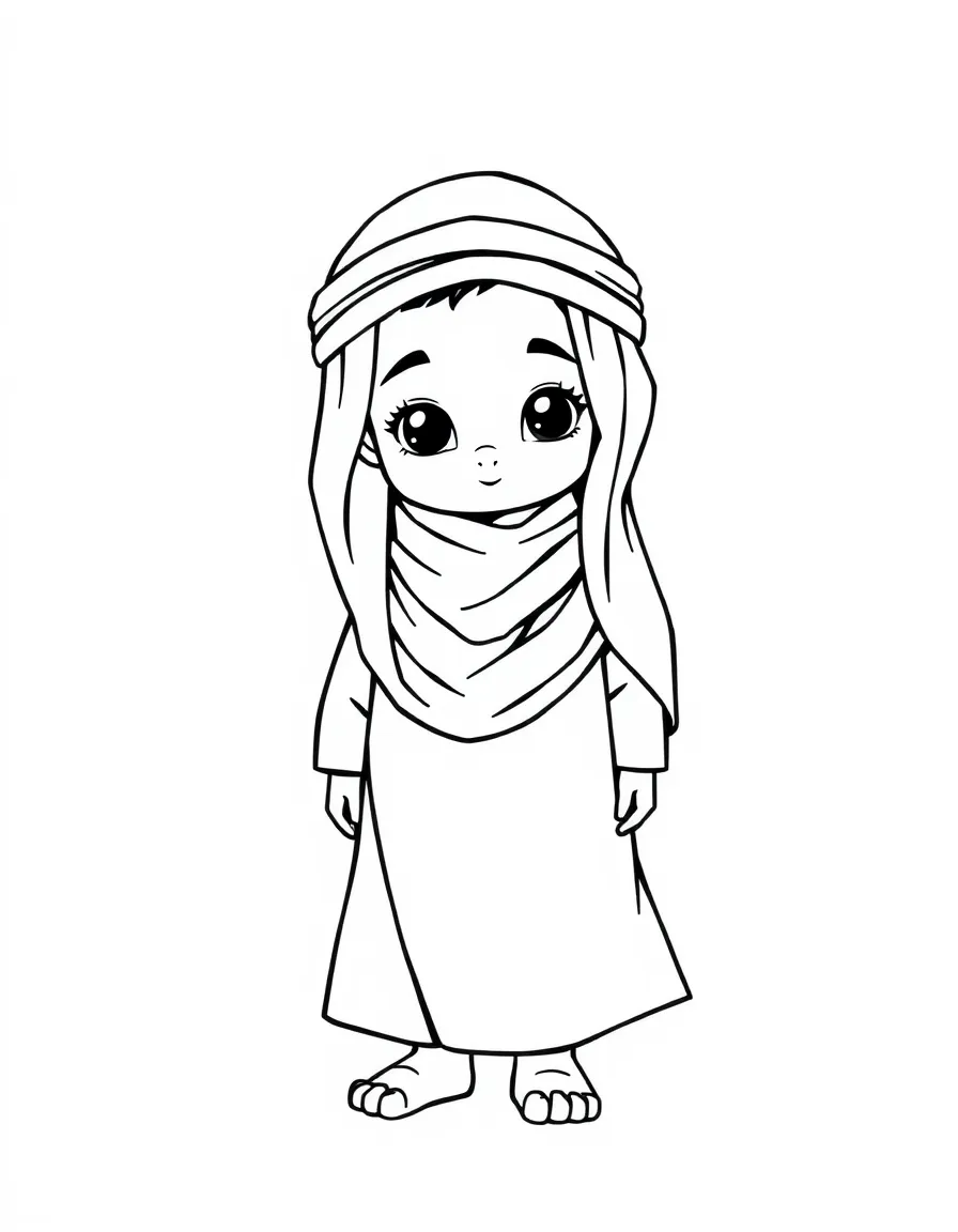 A Bedouin child in a simple flowing thobe and keffiyeh.