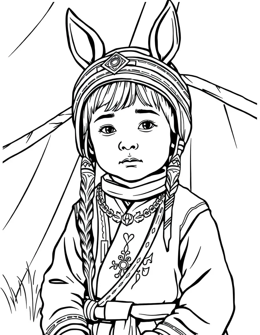 A Mongolian child in a deel, with a traditional horse bridle.