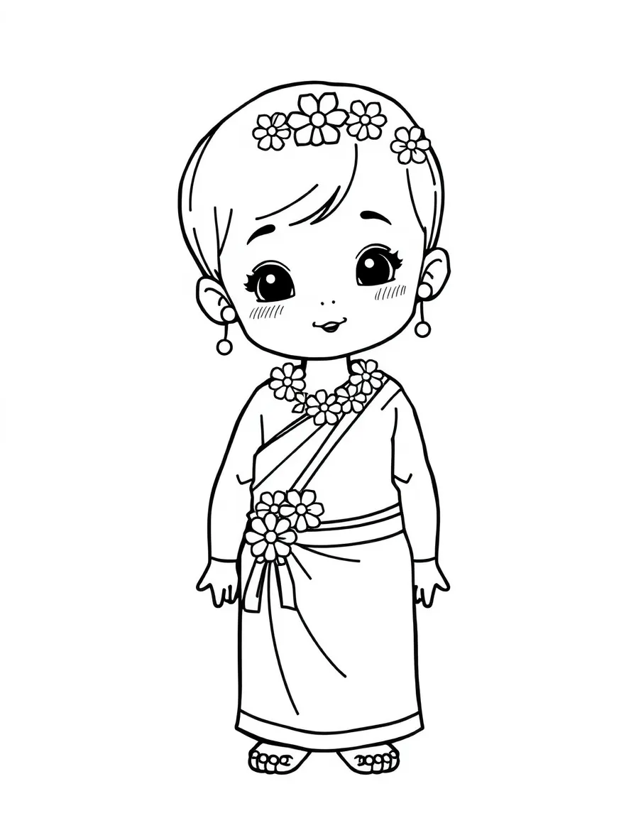 A Thai child in a simple traditional silk dress, with a small floral garland.