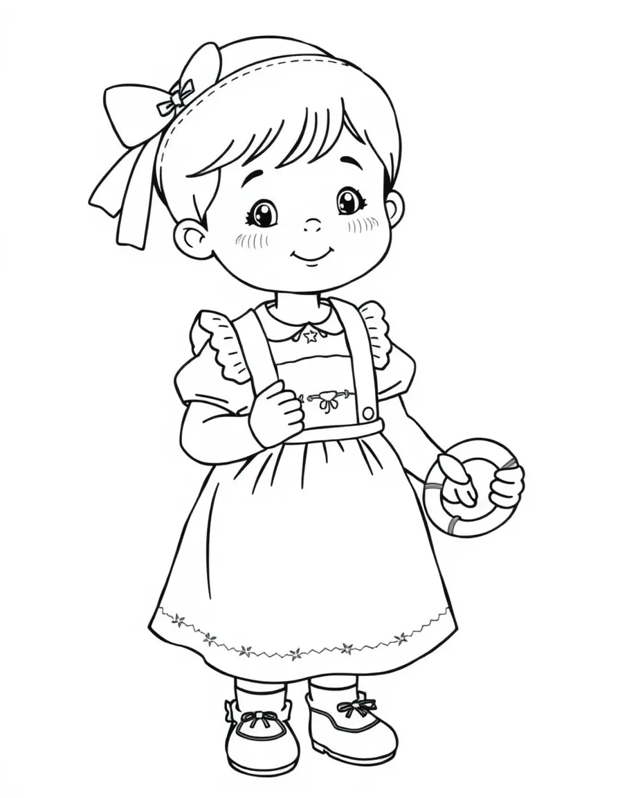A German child in a dirndl with simple embroidery, holding a pretzel.