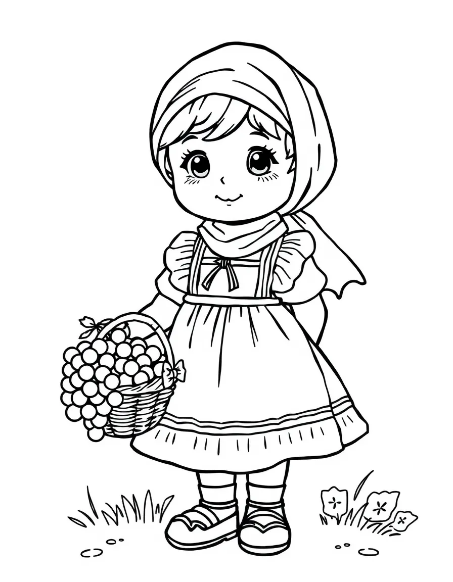 An Italian child in a simple peasant dress with a headscarf, holding a basket of grapes.