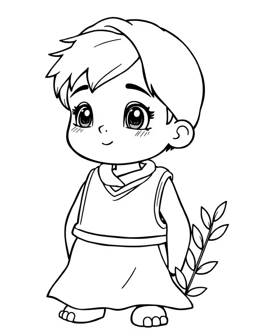 A Greek child in a simple fustanella and vest, with a small olive branch.