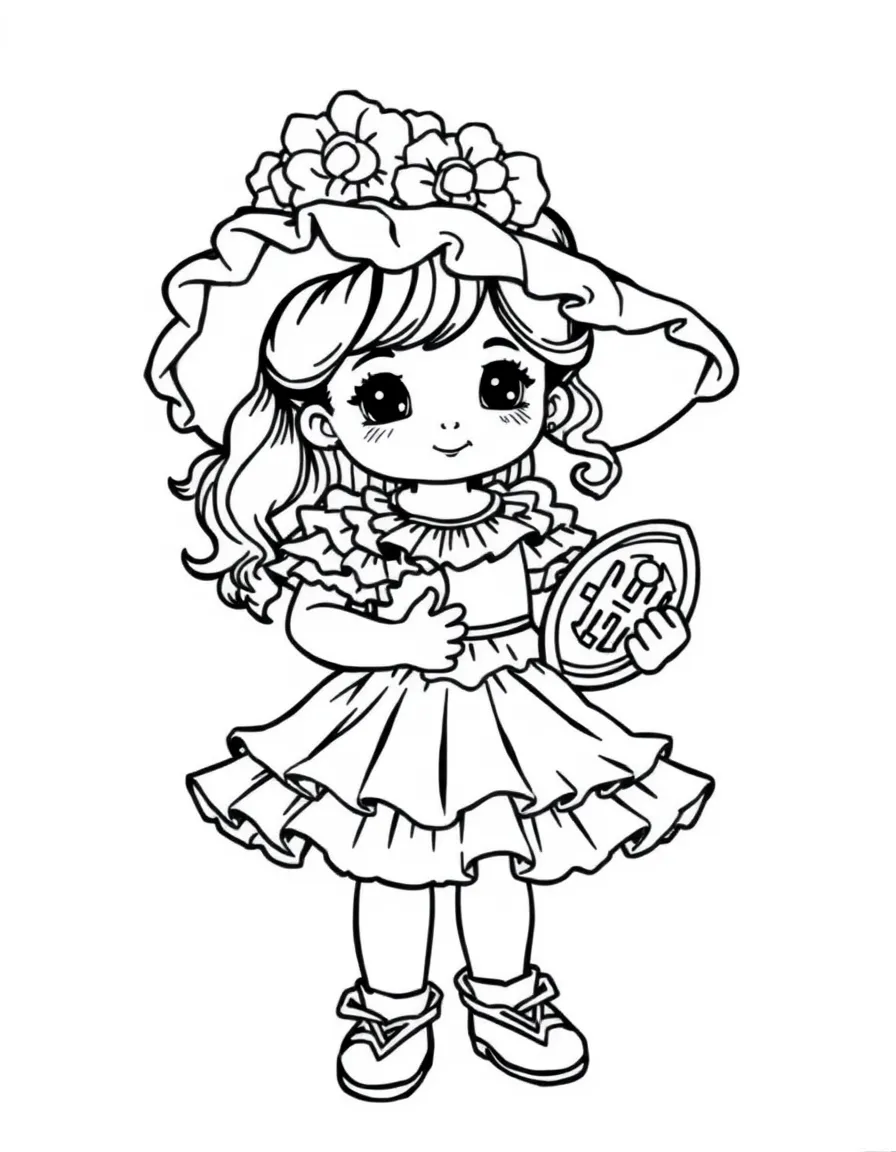 A Spanish child in a flamenco dress with ruffles, holding castanets.