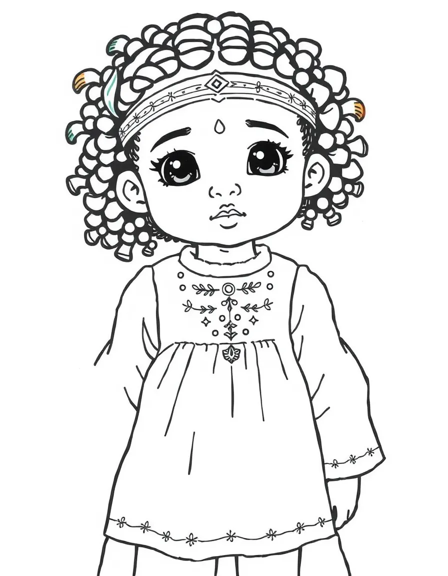 An Ethiopian child in a simple white cotton dress with colored embroidery.
