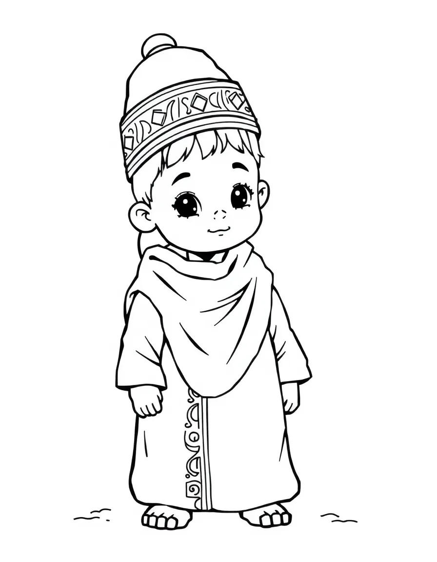 A Moroccan child in a simple djellaba and fez.