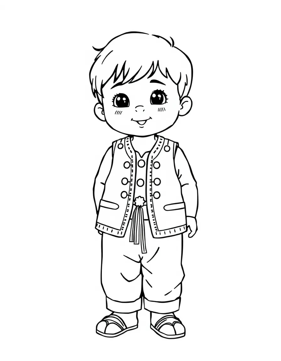 A Turkish child in a simple traditional vest and pants, with a small tarboosh.