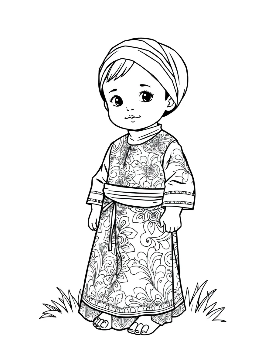 An Indonesian child in a batik sarong and kebaya.