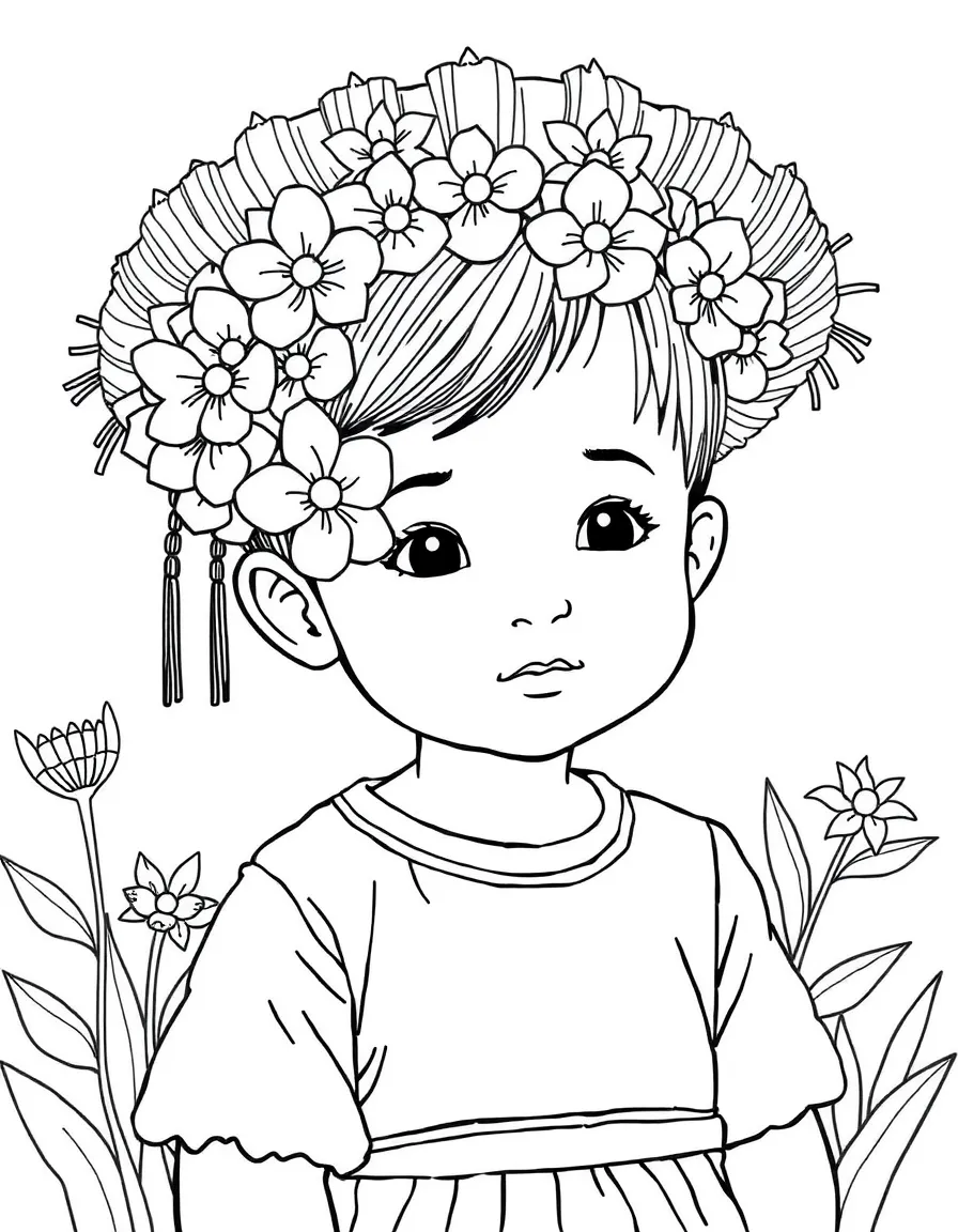 A Filipino child in a baro't saya, with flowers in their hair.