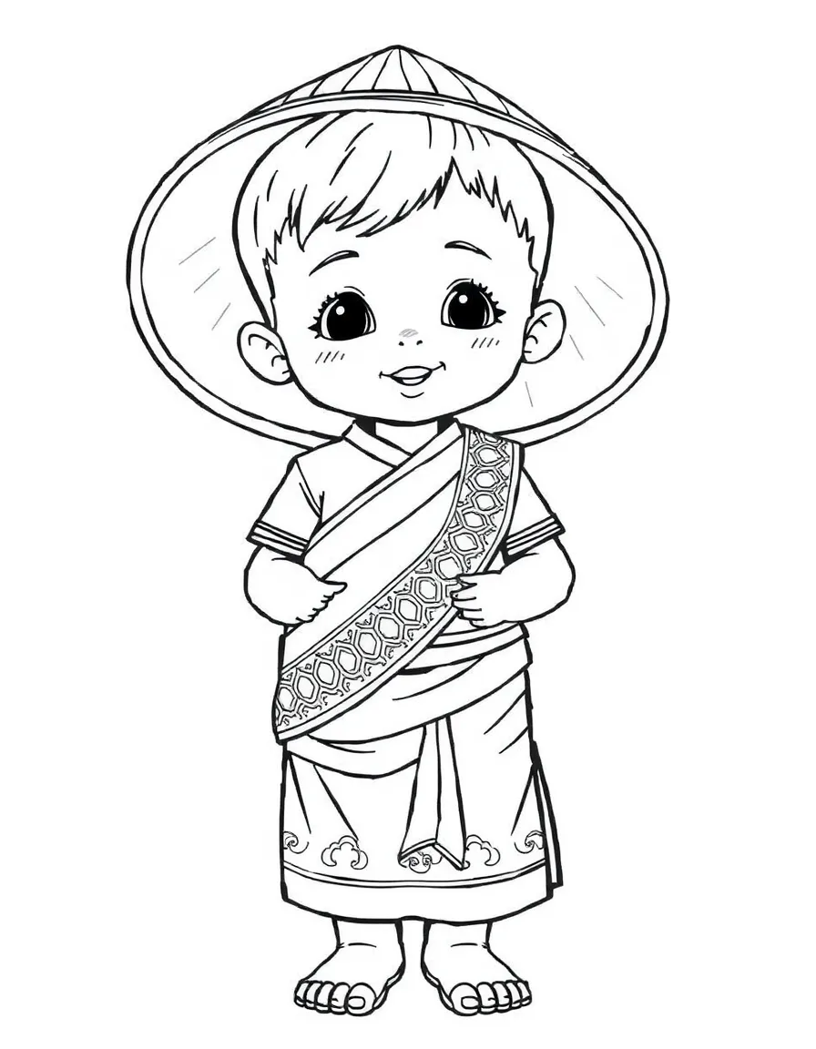 A Cambodian child in a sampot with a patterned sash.