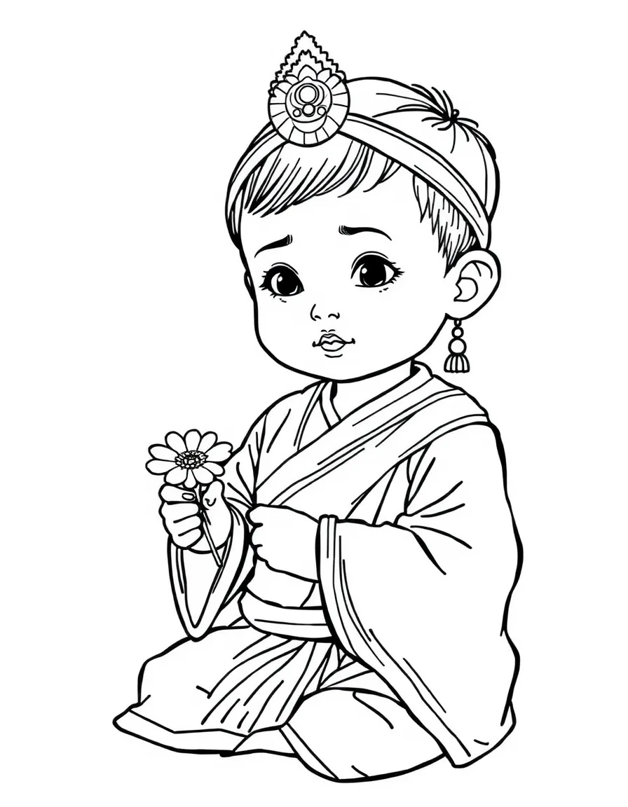 A Laotian child in a traditional sinh, with a small flower offering.