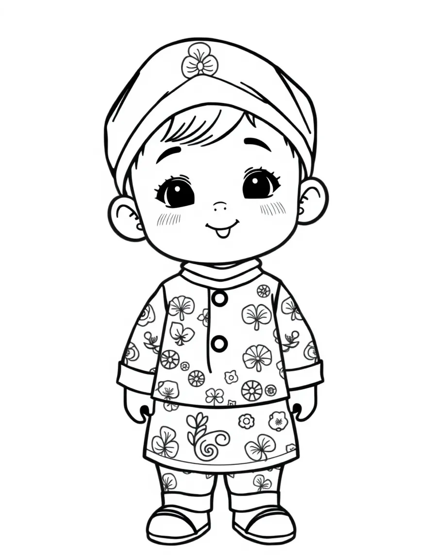 A Malaysian child in a baju kurung with simple patterns.