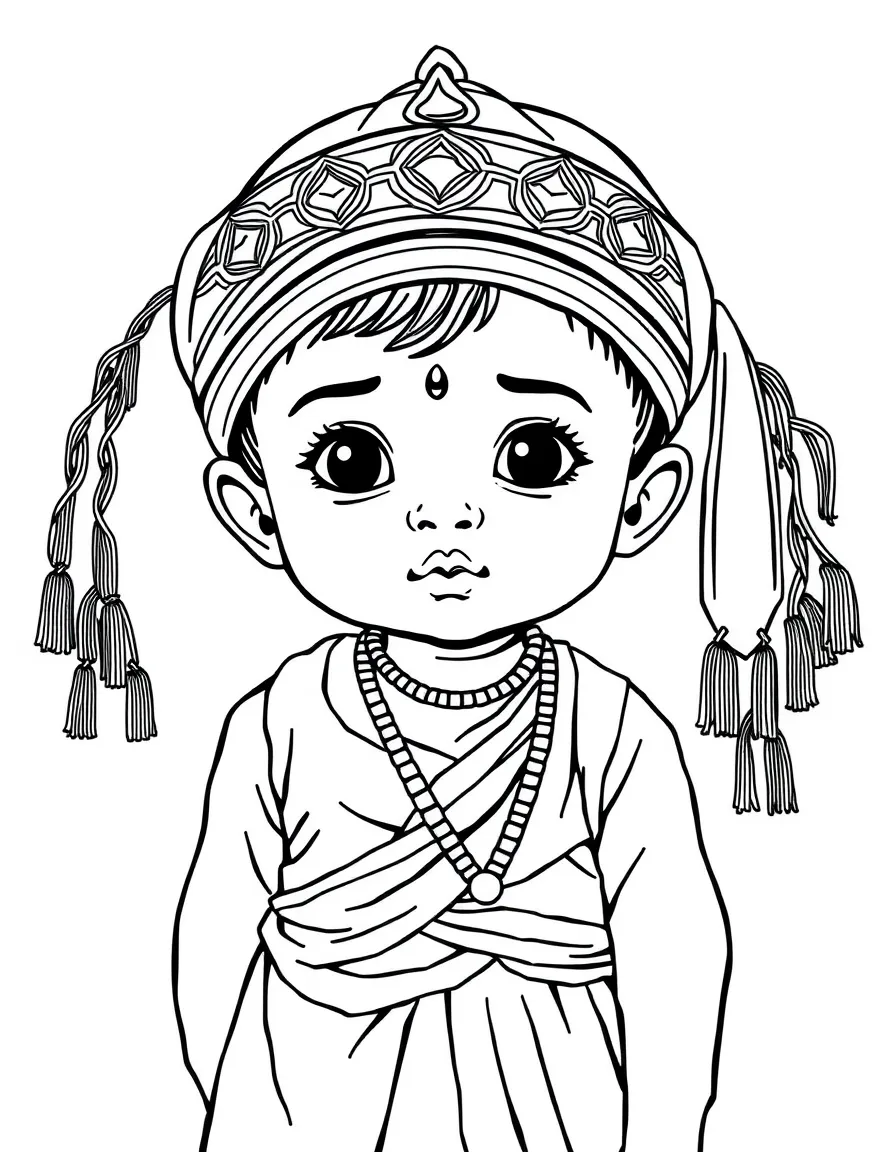 A Nepalese child in a daura suruwal and Dhaka topi.