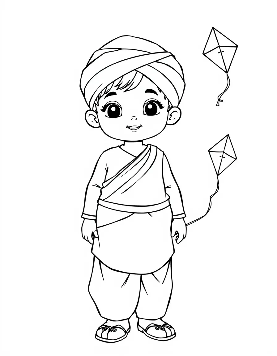 A Bangladeshi child in a panjabi and lungi, with a small kite.