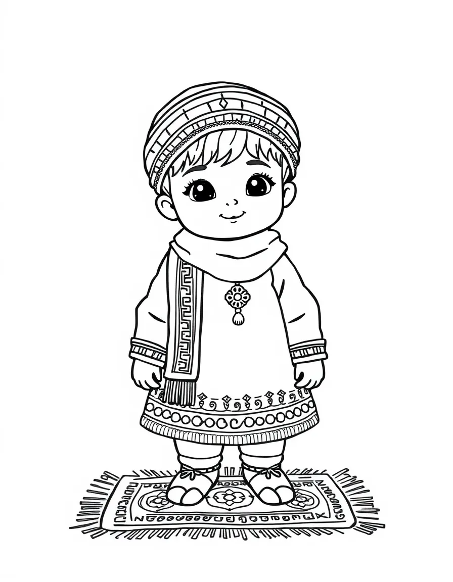 An Afghan child in a perahan tunban, with a small patterned rug.