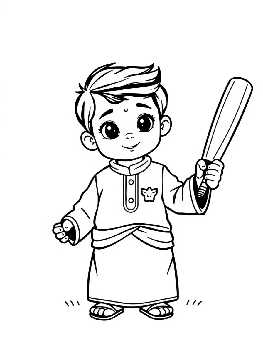 A Pakistani child in a shalwar kameez, holding a small cricket bat.