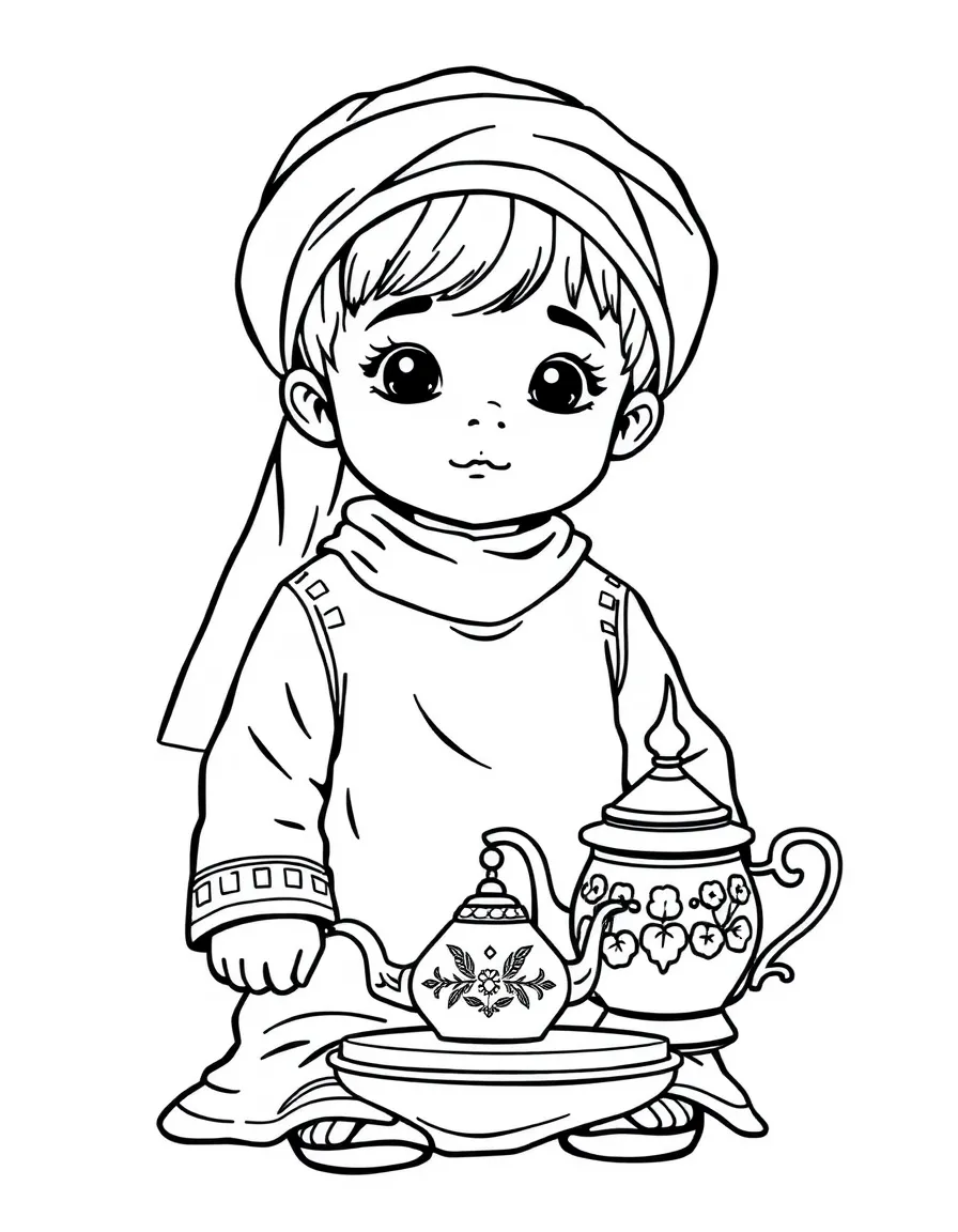 An Iranian child in simple traditional clothes, with a small decorative tea set.