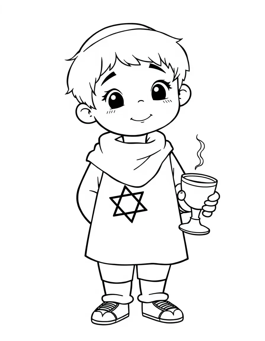 An Israeli child in simple modern clothes, with a small Kiddush cup.