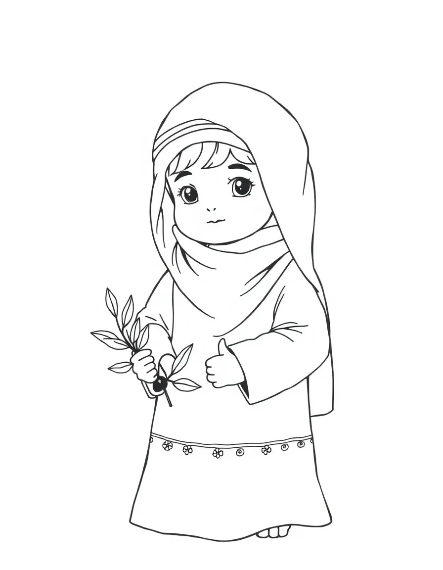 A Palestinian child in a thobe with simple embroidery, holding a small olive branch.