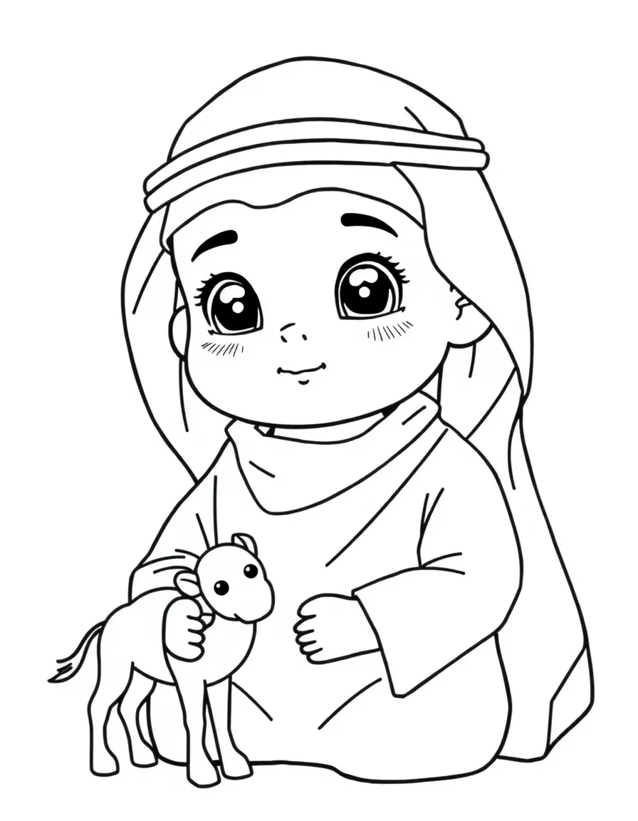 A Saudi Arabian child in a thobe and ghutra, with a small toy camel.