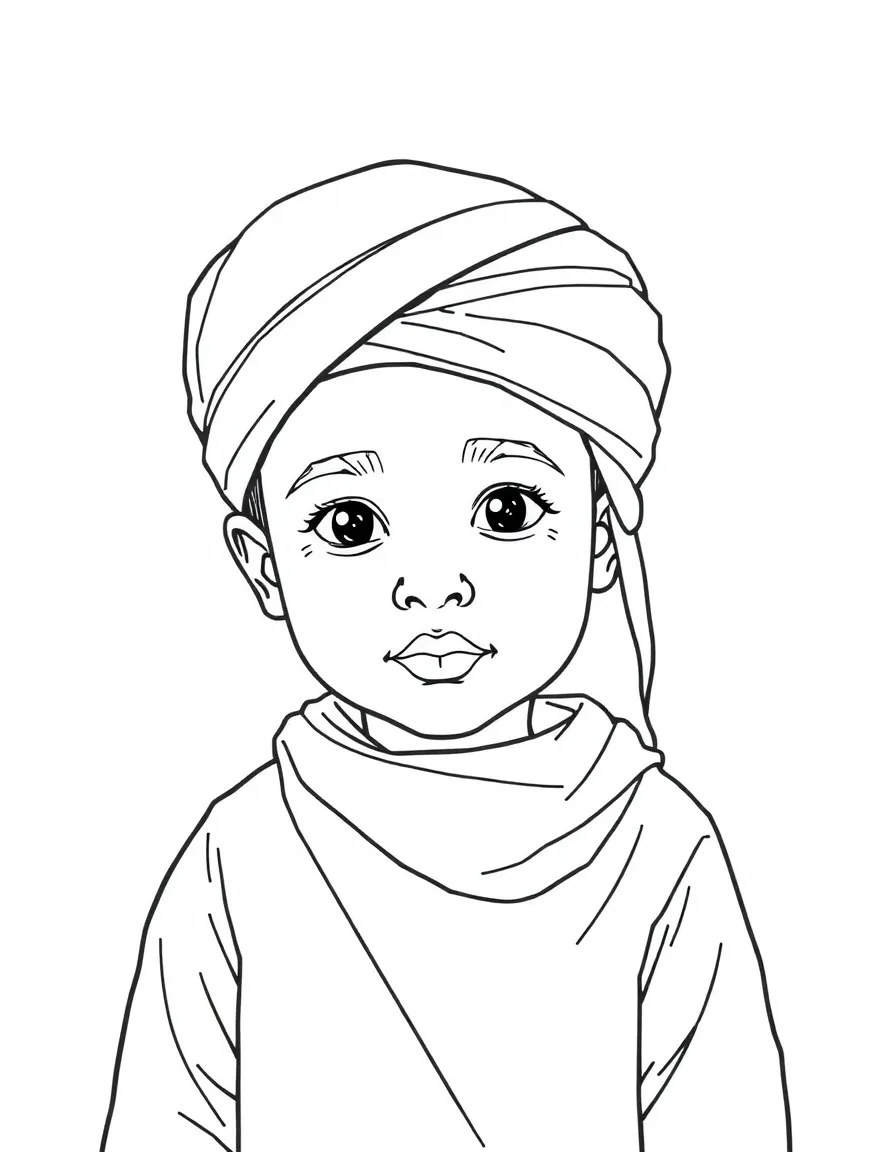 An Omani child in a dishdasha and mussar (turban).