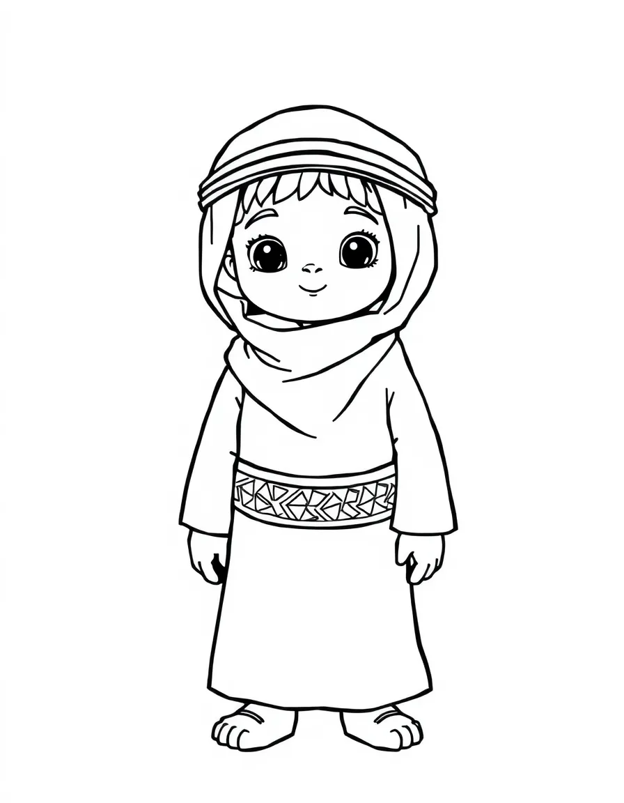 A Yemeni child in a simple thobe with a patterned belt.