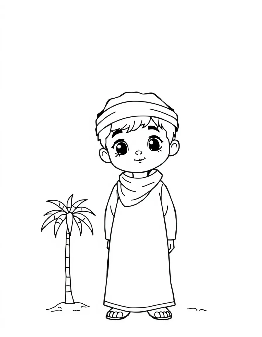 An Iraqi child in a simple traditional dress, with a small date palm tree.