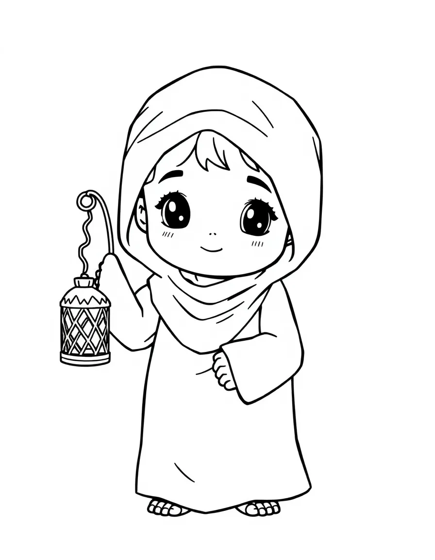 A Syrian child in a simple thobe, with a small decorative lantern.