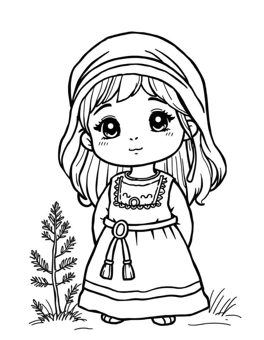 A Lebanese child in a simple traditional dress, with a small cedar tree.