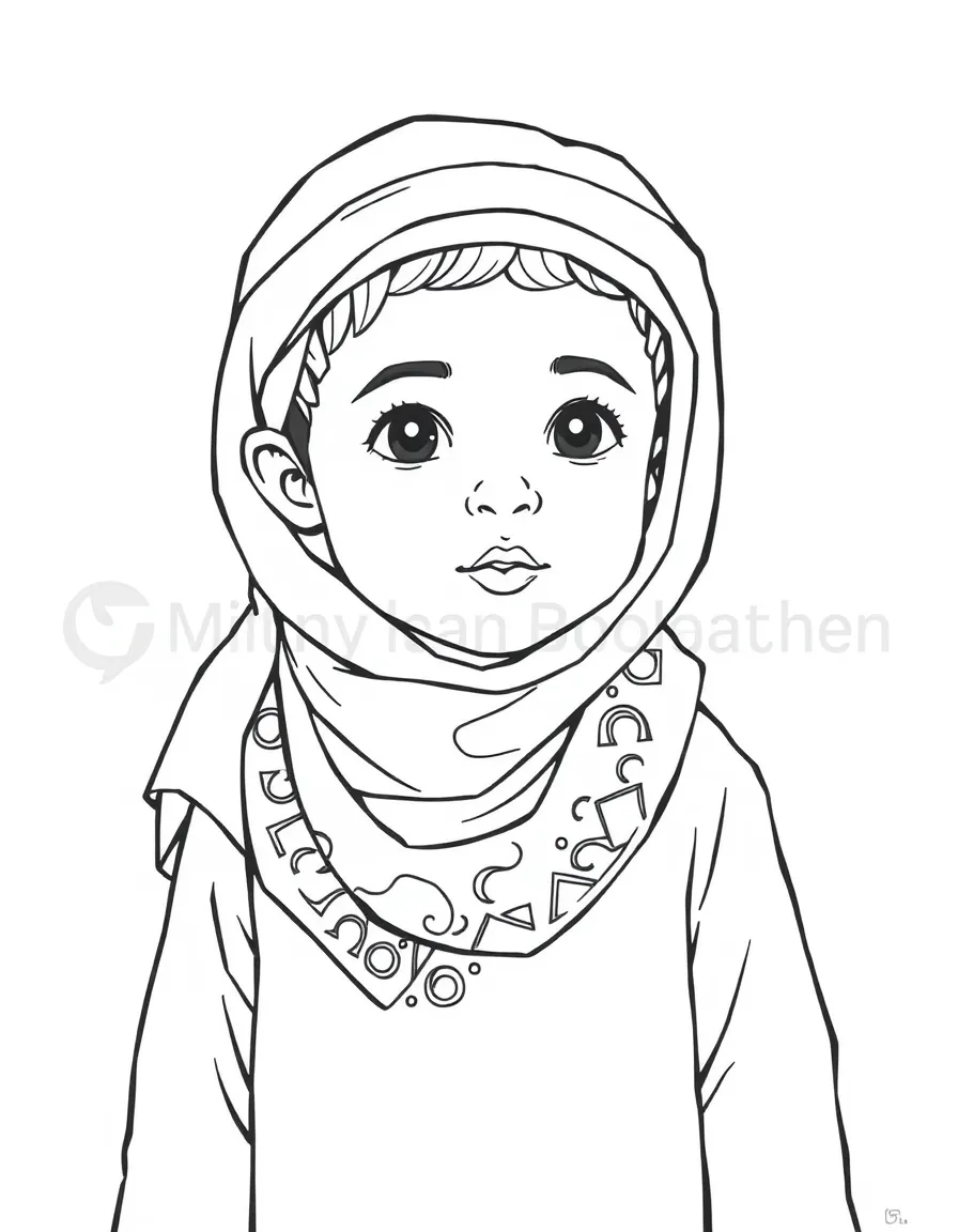 A Jordanian child in a simple thobe with a patterned scarf.
