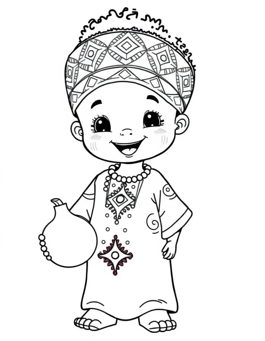 A happy African child, wearing a dashiki with bright patterns, holding a calabash.