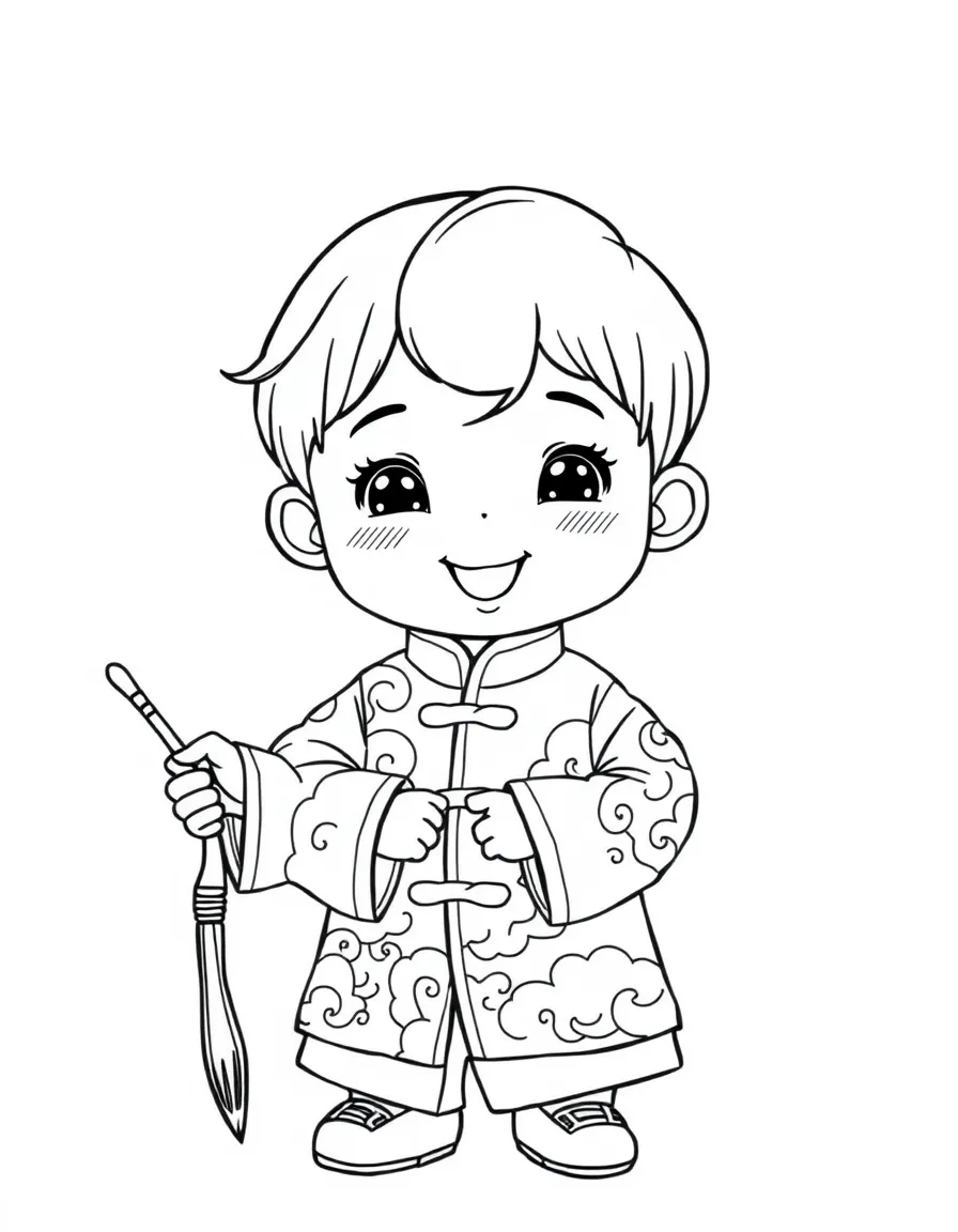 A smiling Chinese child in a silk jacket with cloud patterns, holding a traditional brush.