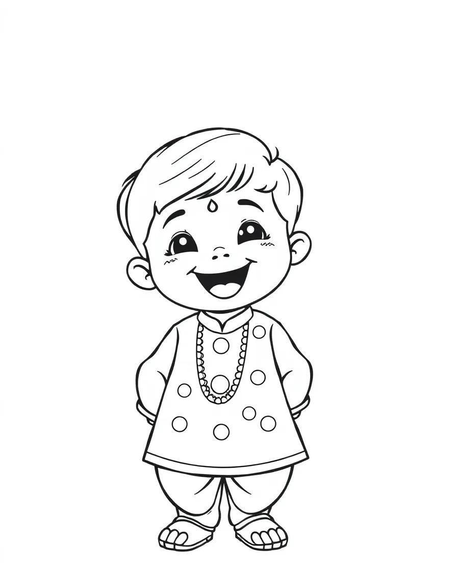 A joyful Indian child in a kurta pajama, with a small bindi on their forehead.
