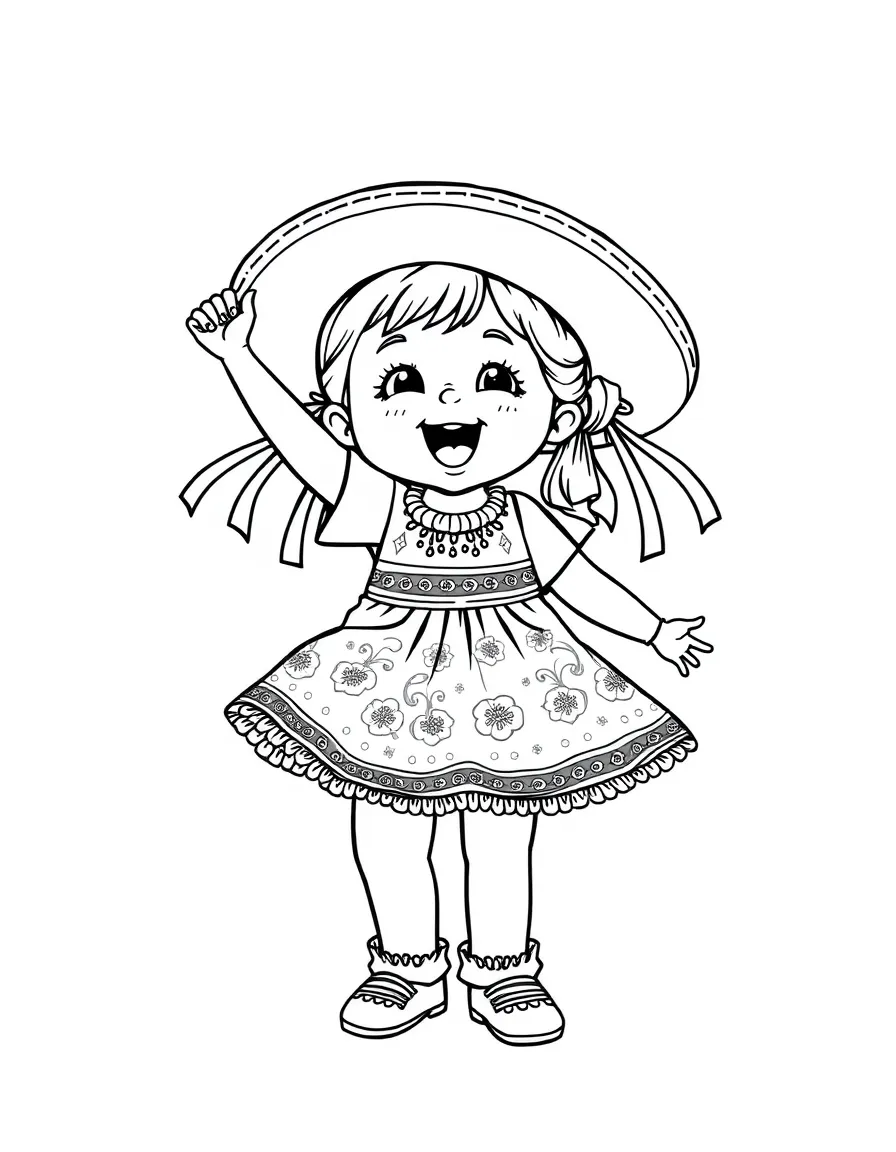 An excited Mexican child in a colorful folk dance dress, with ribbons in their hair.