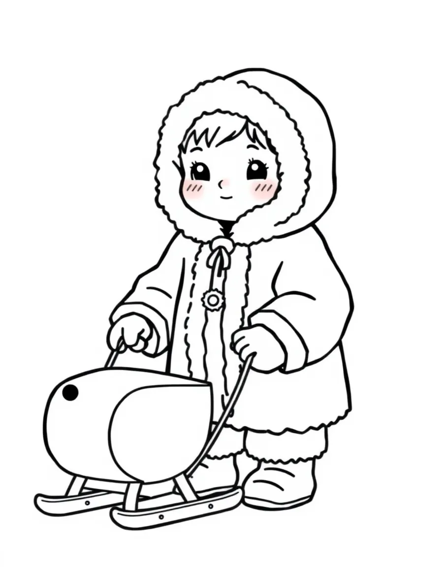 An Inuit child in a sealskin parka, with a toy sled.