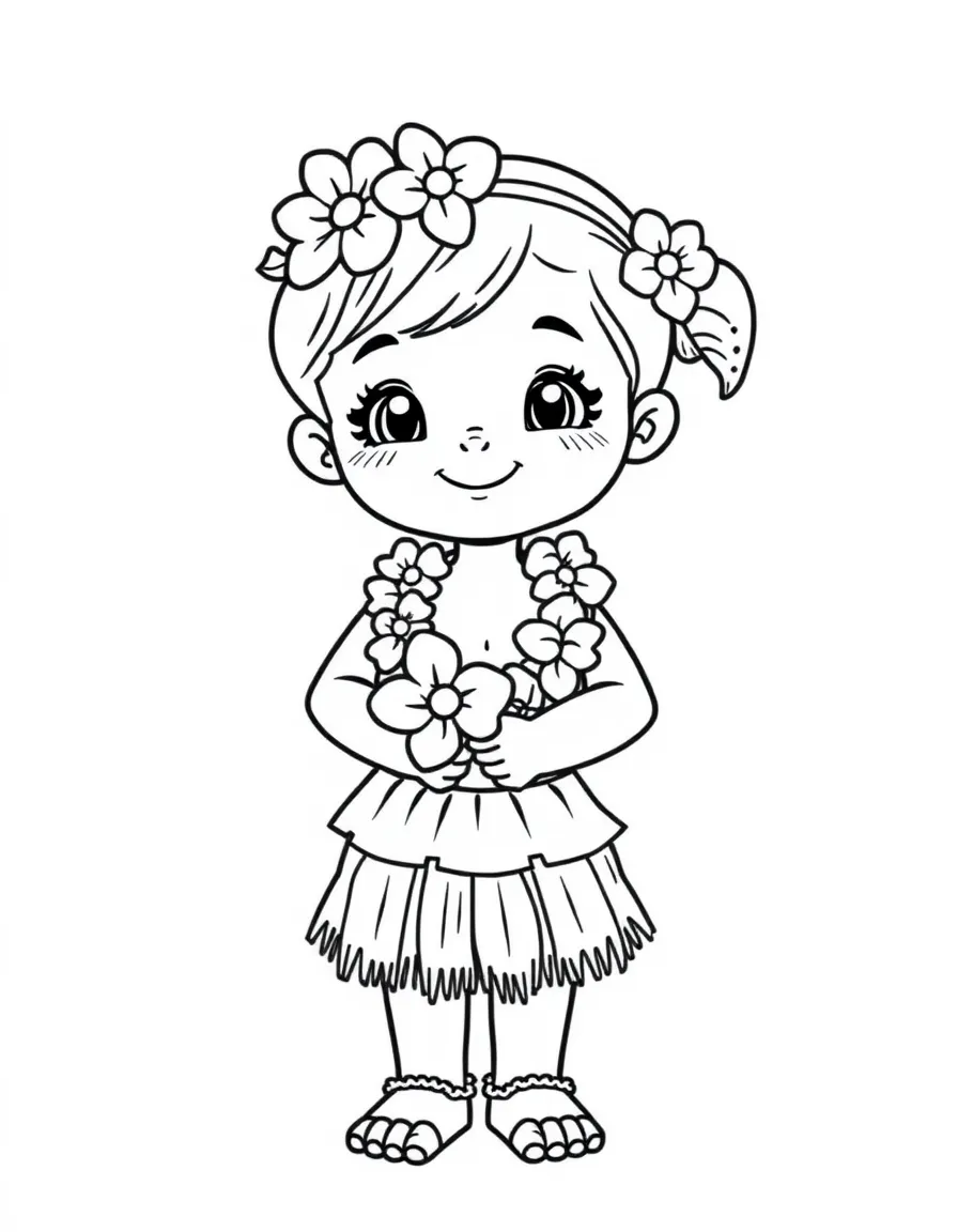 A Hawaiian child with a flower lei, wearing a simple hula skirt.