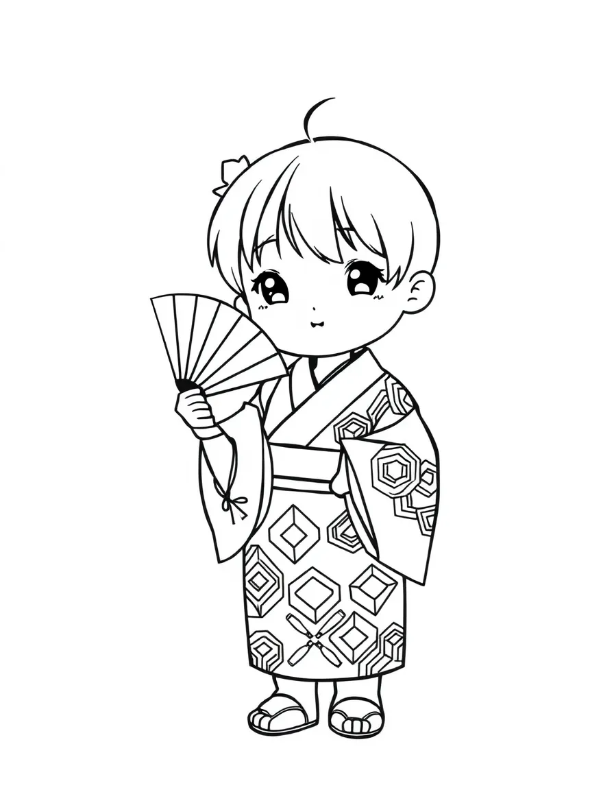 A Japanese child in a simple yukata with geometric patterns, holding a paper fan.