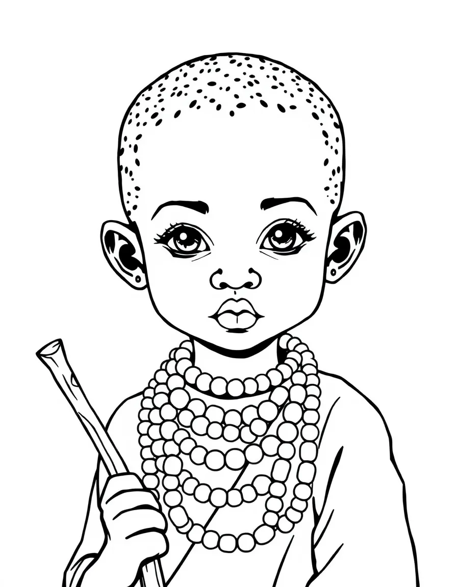 A Maasai child with simple beaded necklaces, holding a small stick.
