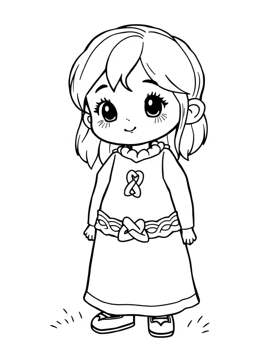 An Irish child in a simple woven dress, with a small Celtic knot design.