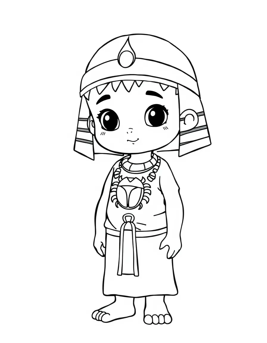 An Egyptian child in a simple white tunic, with a scarab beetle necklace.