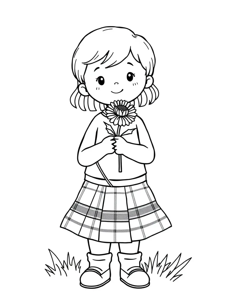 A Scottish child in a simple tartan skirt, with a thistle flower.