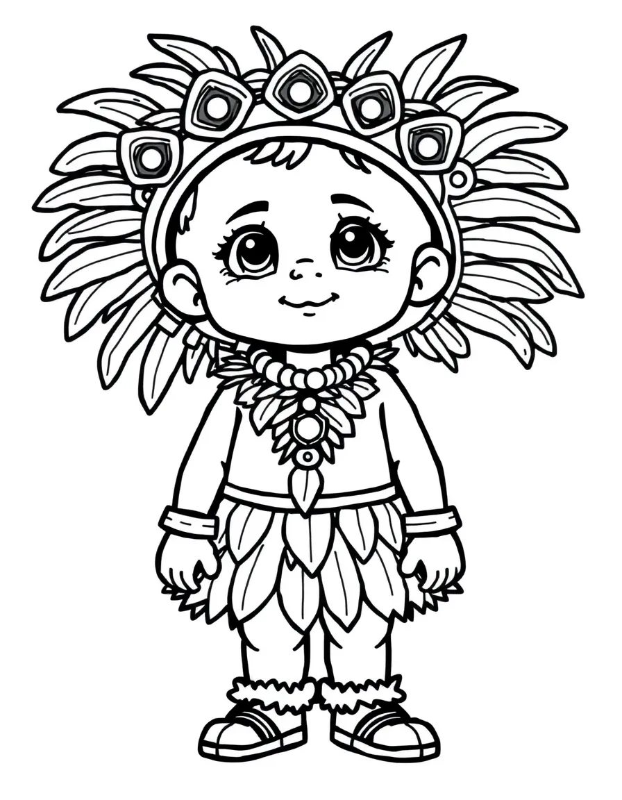 A Brazilian child in a simple carnival costume with feathers.