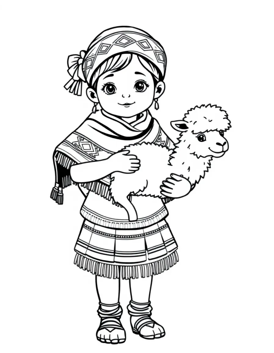 A Peruvian child in a woven skirt and shawl, carrying a baby alpaca.