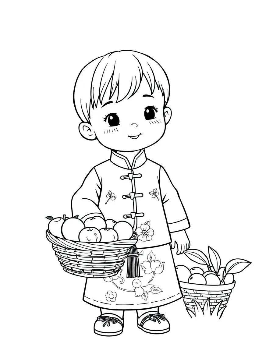 A Vietnamese child in a simpler ao dai, with a basket of fruit.