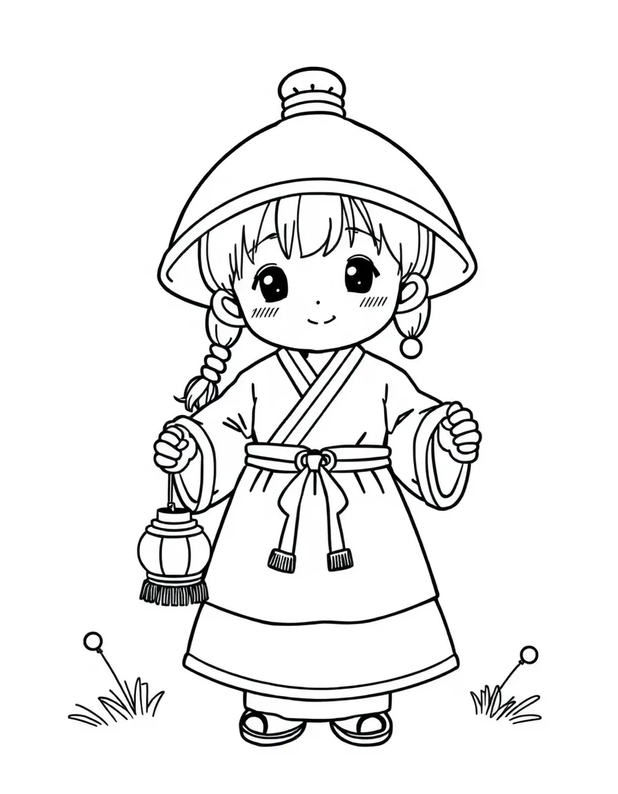 A Korean child in a simpler hanbok, with a small lantern.