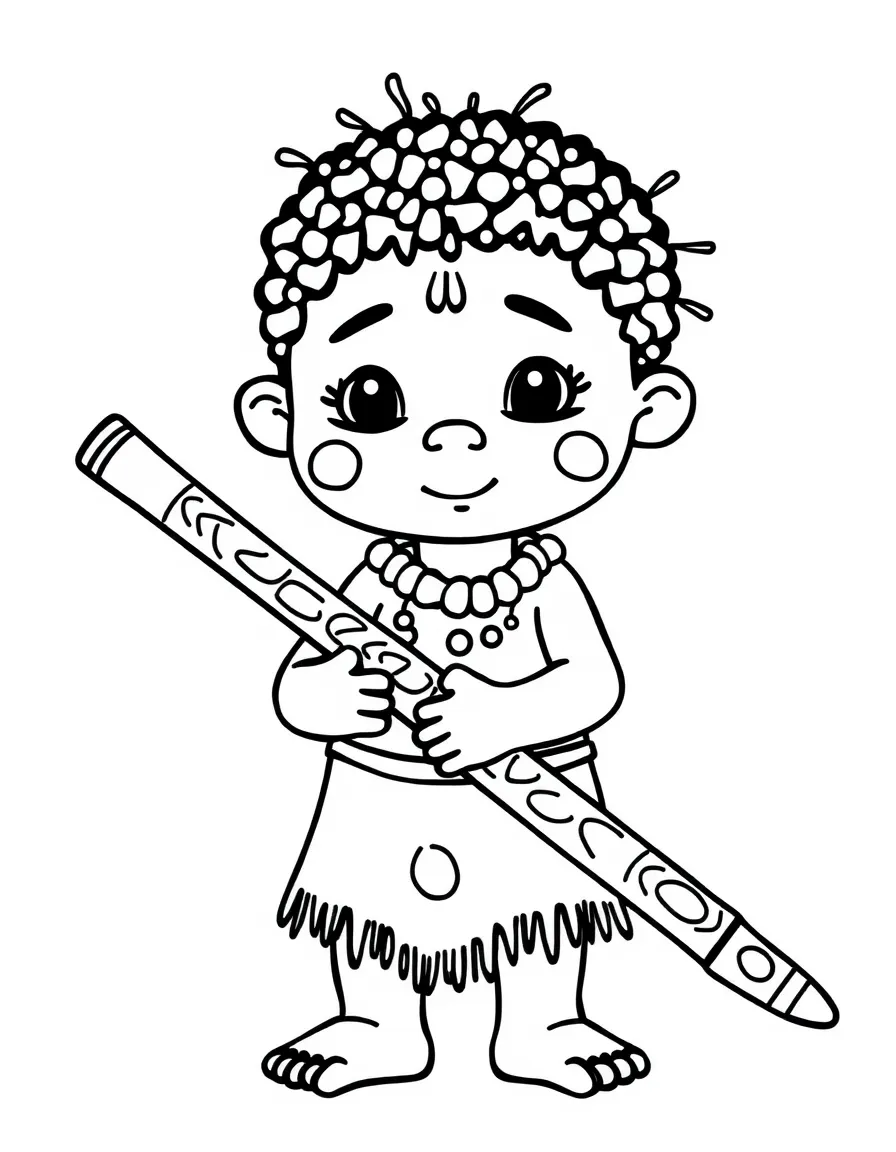 An Australian Aboriginal child with simple lines of paint, holding a didgeridoo.