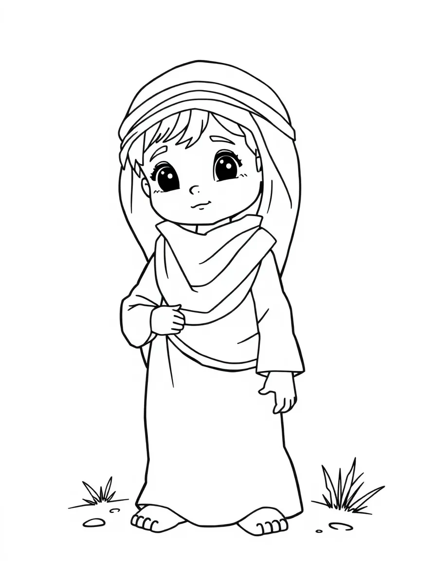 A Bedouin child in a simple loose dress, with a small water jug.
