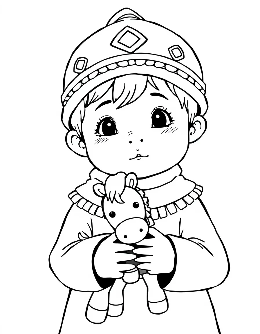 A Mongolian child in a simple felt hat, holding a small toy horse.